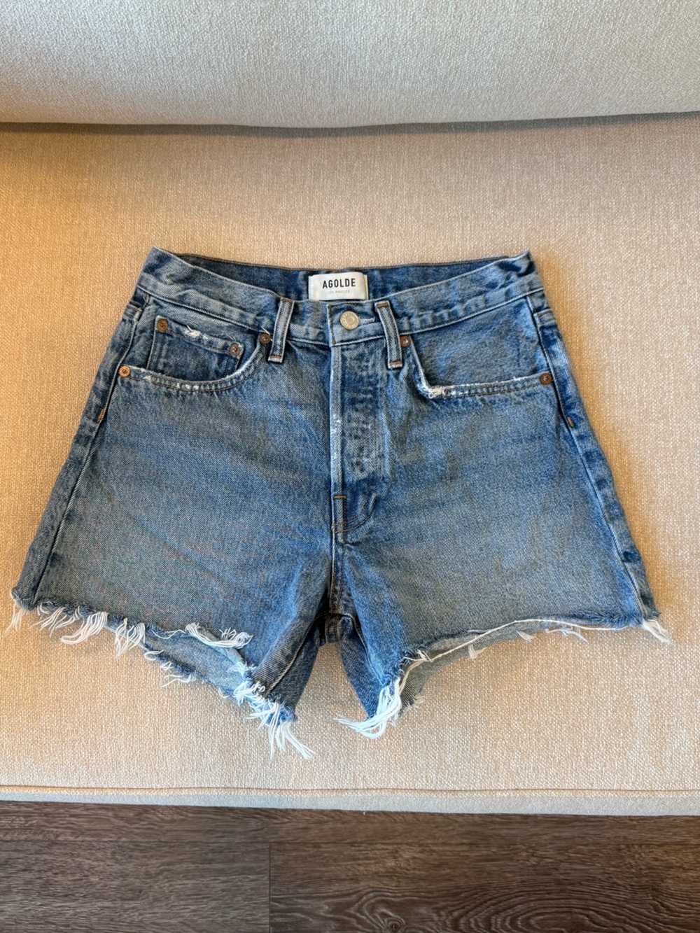 Agolde Blue Distressed High-Rise Denim Shorts